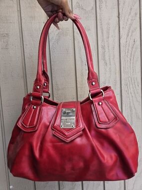 Vintage Red Women's Satchel Handbag with Silver Lock Detail